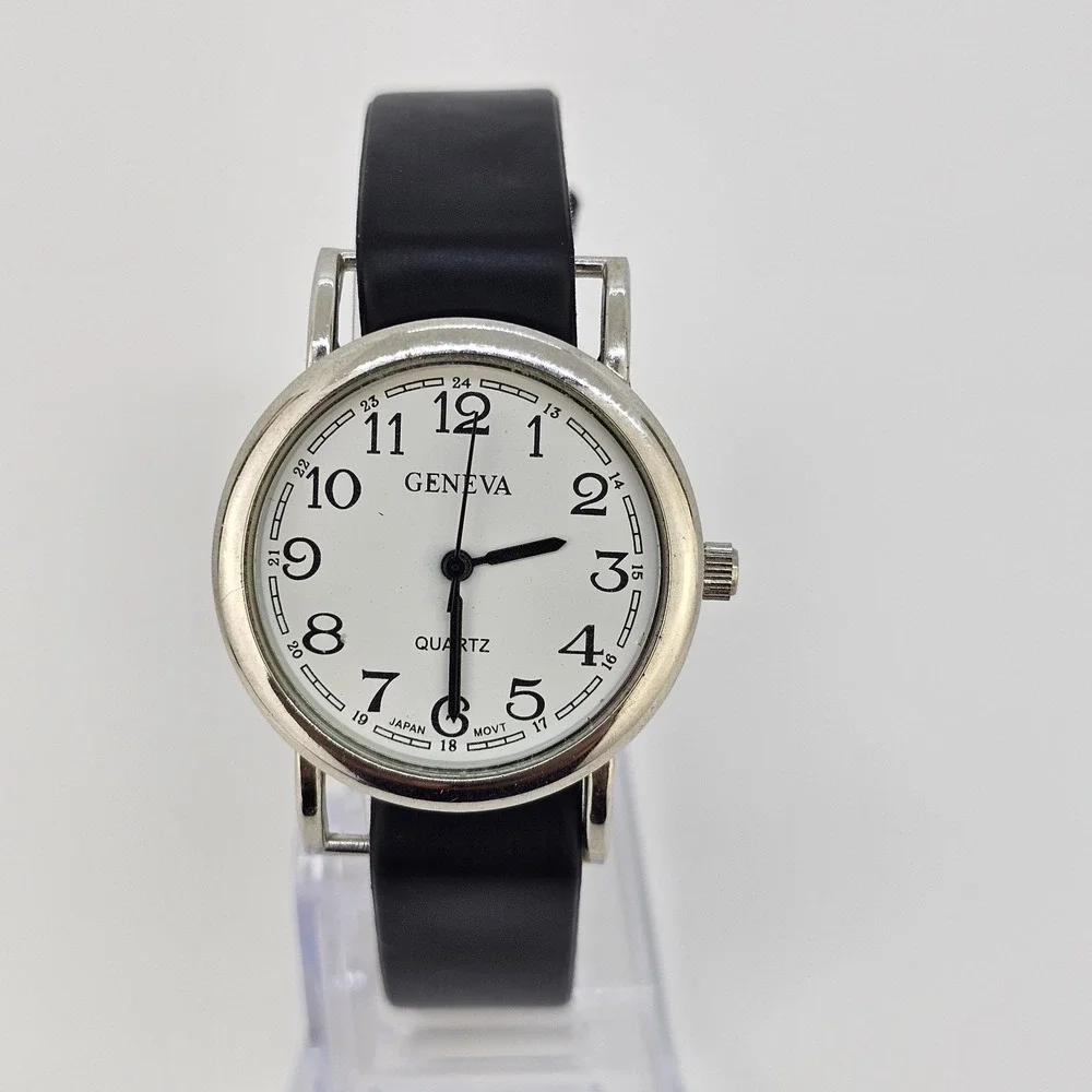 32MM Women's Watch White Dial Black Faux Leather‎ Band Up to 6.5